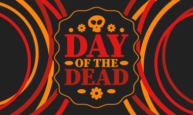 Kasım 'da Ölüler Günü. Ölülerin anısına adanmış bir tatil. Yıllık kutlamaları Meksika ve diğer Latin Amerika ülkelerinde yapın. Meksika ve İspanyol gelenekleri ve kafatası dokusu. Vektör posteri