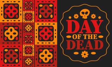 Kasım 'da Ölüler Günü. Ölülerin anısına adanmış bir tatil. Yıllık kutlamaları Meksika ve diğer Latin Amerika ülkelerinde yapın. Meksika ve İspanyol gelenekleri ve kafatası dokusu. Vektör posteri