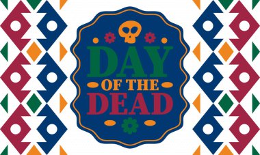 Kasım 'da Ölüler Günü. Ölülerin anısına adanmış bir tatil. Yıllık kutlamaları Meksika ve diğer Latin Amerika ülkelerinde yapın. Meksika ve İspanyol gelenekleri ve kafatası dokusu. Vektör posteri