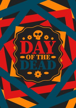 Kasım 'da Ölüler Günü. Ölülerin anısına adanmış bir tatil. Yıllık kutlamaları Meksika ve diğer Latin Amerika ülkelerinde yapın. Meksika ve İspanyol gelenekleri ve kafatası dokusu. Vektör posteri