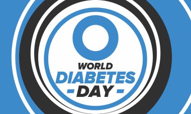 Dünya Diyabet Günü. Kasım 'da farkındalık ayı. Mavi daire sembolü. Tıbbi sağlık ve önleme tasarımı. Poster, kart, afiş ve geçmiş. Vektör illüstrasyonu