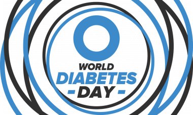 Dünya Diyabet Günü. Kasım 'da farkındalık ayı. Mavi daire sembolü. Tıbbi sağlık ve önleme tasarımı. Poster, kart, afiş ve geçmiş. Vektör illüstrasyonu