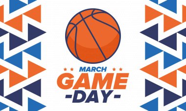 Maç günü. Mart ayında basketbol playoff 'u. Amerika 'da süper spor partisi. Sezon turnuvasının son maçları. Profesyonel takım şampiyonluğu. Basketbol topu. Spor afişi. Vektör