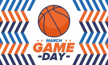 Maç günü. Mart ayında basketbol playoff 'u. Amerika 'da süper spor partisi. Sezon turnuvasının son maçları. Profesyonel takım şampiyonluğu. Basketbol topu. Spor afişi. Vektör