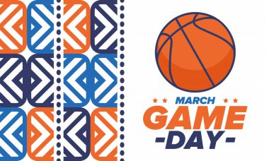 Maç günü. Mart ayında basketbol playoff 'u. Amerika 'da süper spor partisi. Sezon turnuvasının son maçları. Profesyonel takım şampiyonluğu. Basketbol topu. Spor afişi. Vektör