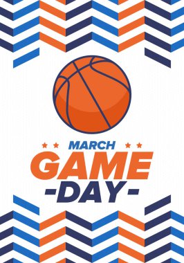 Maç günü. Mart ayında basketbol playoff 'u. Amerika 'da süper spor partisi. Sezon turnuvasının son maçları. Profesyonel takım şampiyonluğu. Basketbol topu. Spor afişi. Vektör