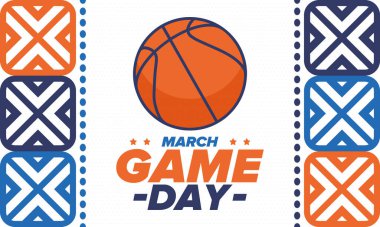 Maç günü. Mart ayında basketbol playoff 'u. Amerika 'da süper spor partisi. Sezon turnuvasının son maçları. Profesyonel takım şampiyonluğu. Basketbol topu. Spor afişi. Vektör