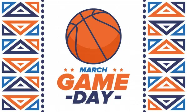 Maç günü. Mart ayında basketbol playoff 'u. Amerika 'da süper spor partisi. Sezon turnuvasının son maçları. Profesyonel takım şampiyonluğu. Basketbol topu. Spor afişi. Vektör