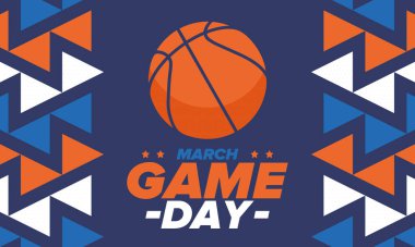 Maç günü. Mart ayında basketbol playoff 'u. Amerika 'da süper spor partisi. Sezon turnuvasının son maçları. Profesyonel takım şampiyonluğu. Basketbol topu. Spor afişi. Vektör