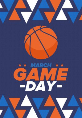 Maç günü. Mart ayında basketbol playoff 'u. Amerika 'da süper spor partisi. Sezon turnuvasının son maçları. Profesyonel takım şampiyonluğu. Basketbol topu. Spor afişi. Vektör