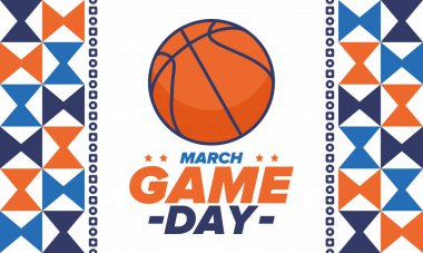 Maç günü. Mart ayında basketbol playoff 'u. Amerika 'da süper spor partisi. Sezon turnuvasının son maçları. Profesyonel takım şampiyonluğu. Basketbol topu. Spor afişi. Vektör