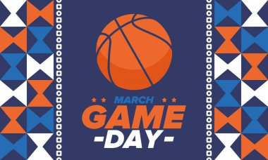 Maç günü. Mart ayında basketbol playoff 'u. Amerika 'da süper spor partisi. Sezon turnuvasının son maçları. Profesyonel takım şampiyonluğu. Basketbol topu. Spor afişi. Vektör