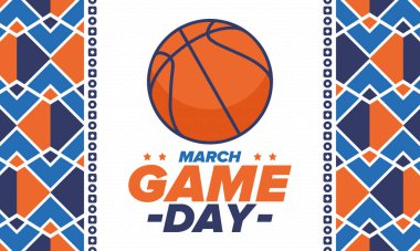 Maç günü. Mart ayında basketbol playoff 'u. Amerika 'da süper spor partisi. Sezon turnuvasının son maçları. Profesyonel takım şampiyonluğu. Basketbol topu. Spor afişi. Vektör