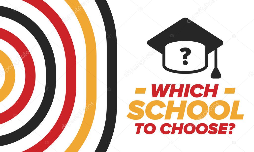 Which school to choose? Right school its best education and knowledge for your children. Effective learning with inspiration and motivation. Disclosure of talent, happy times and successful future. School choice now! Vector poster
