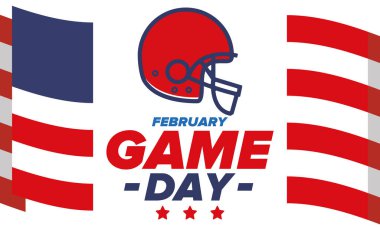 Maç günü. Amerikan futbolu playoff 'u. Amerika 'da Super Bowl Partisi. Normal sezonun son maçı. Profesyonel takım şampiyonluğu. Amerikan futbolu için top. Spor afişi. Vektör illüstrasyonu