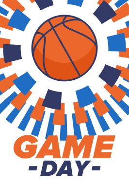 Maç günü. Mart ayında basketbol playoff 'u. Amerika 'da süper spor partisi. Sezon turnuvasının son maçları. Profesyonel takım şampiyonluğu. Basketbol topu. Spor afişi. Vektör