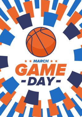 Maç günü. Mart ayında basketbol playoff 'u. Amerika 'da süper spor partisi. Sezon turnuvasının son maçları. Profesyonel takım şampiyonluğu. Basketbol topu. Spor afişi. Vektör
