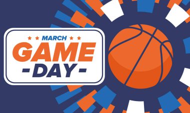 Maç günü. Mart ayında basketbol playoff 'u. Amerika 'da süper spor partisi. Sezon turnuvasının son maçları. Profesyonel takım şampiyonluğu. Basketbol topu. Spor afişi. Vektör