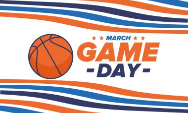 Maç günü. Mart ayında basketbol playoff 'u. Amerika 'da süper spor partisi. Sezon turnuvasının son maçları. Profesyonel takım şampiyonluğu. Basketbol topu. Spor afişi. Vektör