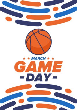 Maç günü. Mart ayında basketbol playoff 'u. Amerika 'da süper spor partisi. Sezon turnuvasının son maçları. Profesyonel takım şampiyonluğu. Basketbol topu. Spor afişi. Vektör