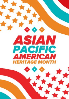 Asya Pasifik Amerikan Mirası Ayı. Mayıs 'ta kutlandı. Amerika Birleşik Devletleri 'ndeki Asya kökenli Amerikalıların ve Pasifik Adalılarının kültürünü, geleneklerini ve tarihini kutlar. Poster, kart, pankart. Vektör