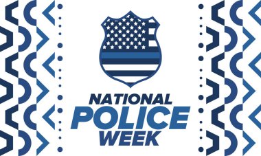 Mayıs 'ta Ulusal Polis Haftası. Amerika 'da yıllık kutlama. Kahraman polisin onuruna. Polis rozeti ve vatansever unsurlar. Subaylar Anma Günü. Poster, kart, pankart. Vektör illüstrasyonu