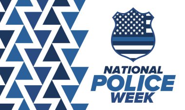 Mayıs 'ta Ulusal Polis Haftası. Amerika 'da yıllık kutlama. Kahraman polisin onuruna. Polis rozeti ve vatansever unsurlar. Subaylar Anma Günü. Poster, kart, pankart. Vektör illüstrasyonu