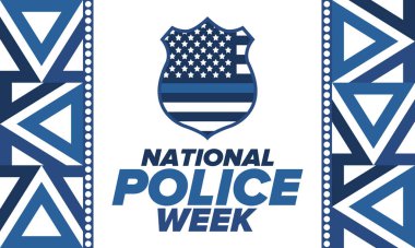 Mayıs 'ta Ulusal Polis Haftası. Amerika 'da yıllık kutlama. Kahraman polisin onuruna. Polis rozeti ve vatansever unsurlar. Subaylar Anma Günü. Poster, kart, pankart. Vektör illüstrasyonu