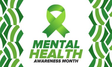 Mayıs 'ta Akıl Sağlığı Bilinci Ayı. Birleşik Devletler 'de yıllık kampanya. Akıl sağlığıyla ilgili farkındalığı arttırıyorum. Kontrol ve koruma. Önleme kampanyası. Tıbbi sağlık hizmeti tasarımı. Vektör illüstrasyonu