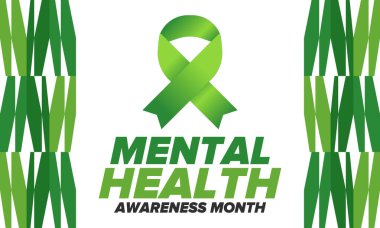 Mayıs 'ta Akıl Sağlığı Bilinci Ayı. Birleşik Devletler 'de yıllık kampanya. Akıl sağlığıyla ilgili farkındalığı arttırıyorum. Kontrol ve koruma. Önleme kampanyası. Tıbbi sağlık hizmeti tasarımı. Vektör illüstrasyonu