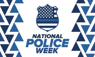Mayıs 'ta Ulusal Polis Haftası. Amerika 'da yıllık kutlama. Kahraman polisin onuruna. Polis rozeti ve vatansever unsurlar. Subaylar Anma Günü. Poster, kart, pankart. Vektör illüstrasyonu