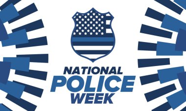 Mayıs 'ta Ulusal Polis Haftası. Amerika 'da yıllık kutlama. Kahraman polisin onuruna. Polis rozeti ve vatansever unsurlar. Subaylar Anma Günü. Poster, kart, pankart. Vektör illüstrasyonu