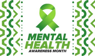 Mayıs 'ta Akıl Sağlığı Bilinci Ayı. Birleşik Devletler 'de yıllık kampanya. Akıl sağlığıyla ilgili farkındalığı arttırıyorum. Kontrol ve koruma. Önleme kampanyası. Tıbbi sağlık hizmeti tasarımı. Vektör illüstrasyonu