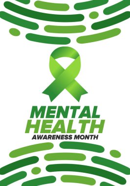 Mayıs 'ta Akıl Sağlığı Bilinci Ayı. Birleşik Devletler 'de yıllık kampanya. Akıl sağlığıyla ilgili farkındalığı arttırıyorum. Kontrol ve koruma. Önleme kampanyası. Tıbbi sağlık hizmeti tasarımı. Vektör illüstrasyonu