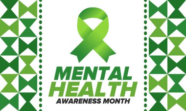 Mayıs 'ta Akıl Sağlığı Bilinci Ayı. Birleşik Devletler 'de yıllık kampanya. Akıl sağlığıyla ilgili farkındalığı arttırıyorum. Kontrol ve koruma. Önleme kampanyası. Tıbbi sağlık hizmeti tasarımı. Vektör illüstrasyonu