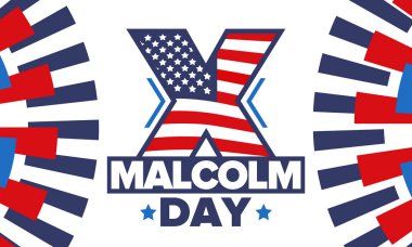 Mayıs 'ta Malcolm X Günü. Amerika 'da yıllık kutlama. Yurttaşlık hakları lideri Malcolm X onuruna Amerikan bayramı. Siyahi Tarihi Ayı ve Afro-Amerikan konsepti. Poster, kart ve afiş