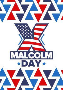 Mayıs 'ta Malcolm X Günü. Amerika 'da yıllık kutlama. Yurttaşlık hakları lideri Malcolm X onuruna Amerikan bayramı. Siyahi Tarihi Ayı ve Afro-Amerikan konsepti. Poster, kart ve afiş