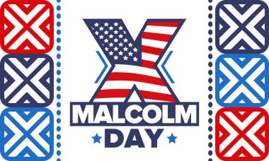 Mayıs 'ta Malcolm X Günü. Amerika 'da yıllık kutlama. Yurttaşlık hakları lideri Malcolm X onuruna Amerikan bayramı. Siyahi Tarihi Ayı ve Afro-Amerikan konsepti. Poster, kart ve afiş