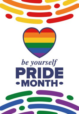 Haziran ayında LGBT Gurur Ayı. Lezbiyen Gey Biseksüel Transseksüel. Yıllık kutlama. LGBT bayrağı. Gökkuşağı aşk konsepti. İnsan hakları ve hoşgörü. Poster, kart, afiş ve geçmiş. Vektör illüstrasyonu