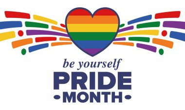 Haziran ayında LGBT Gurur Ayı. Lezbiyen Gey Biseksüel Transseksüel. Yıllık kutlama. LGBT bayrağı. Gökkuşağı aşk konsepti. İnsan hakları ve hoşgörü. Poster, kart, afiş ve geçmiş. Vektör illüstrasyonu