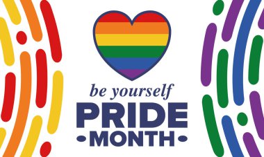 Haziran ayında LGBT Gurur Ayı. Lezbiyen Gey Biseksüel Transseksüel. Yıllık kutlama. LGBT bayrağı. Gökkuşağı aşk konsepti. İnsan hakları ve hoşgörü. Poster, kart, afiş ve geçmiş. Vektör illüstrasyonu