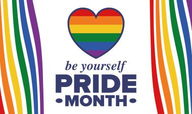 Haziran ayında LGBT Gurur Ayı. Lezbiyen Gey Biseksüel Transseksüel. Yıllık kutlama. LGBT bayrağı. Gökkuşağı aşk konsepti. İnsan hakları ve hoşgörü. Poster, kart, afiş ve geçmiş. Vektör illüstrasyonu