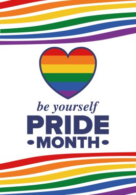 Haziran ayında LGBT Gurur Ayı. Lezbiyen Gey Biseksüel Transseksüel. Yıllık kutlama. LGBT bayrağı. Gökkuşağı aşk konsepti. İnsan hakları ve hoşgörü. Poster, kart, afiş ve geçmiş. Vektör illüstrasyonu