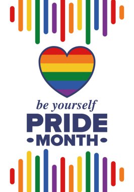 Haziran ayında LGBT Gurur Ayı. Lezbiyen Gey Biseksüel Transseksüel. Yıllık kutlama. LGBT bayrağı. Gökkuşağı aşk konsepti. İnsan hakları ve hoşgörü. Poster, kart, afiş ve geçmiş. Vektör illüstrasyonu