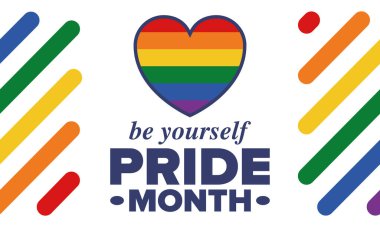 Haziran ayında LGBT Gurur Ayı. Lezbiyen Gey Biseksüel Transseksüel. Yıllık kutlama. LGBT bayrağı. Gökkuşağı aşk konsepti. İnsan hakları ve hoşgörü. Poster, kart, afiş ve geçmiş. Vektör illüstrasyonu