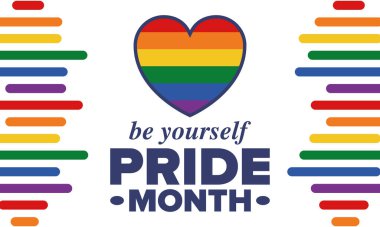 Haziran ayında LGBT Gurur Ayı. Lezbiyen Gey Biseksüel Transseksüel. Yıllık kutlama. LGBT bayrağı. Gökkuşağı aşk konsepti. İnsan hakları ve hoşgörü. Poster, kart, afiş ve geçmiş. Vektör illüstrasyonu