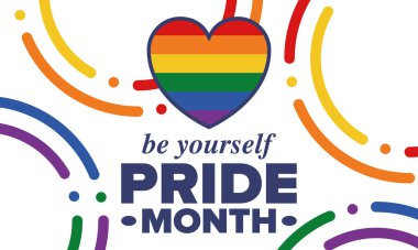 Haziran ayında LGBT Gurur Ayı. Lezbiyen Gey Biseksüel Transseksüel. Yıllık kutlama. LGBT bayrağı. Gökkuşağı aşk konsepti. İnsan hakları ve hoşgörü. Poster, kart, afiş ve geçmiş. Vektör illüstrasyonu