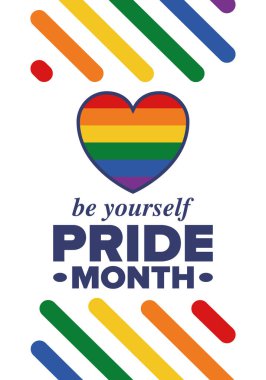 Haziran ayında LGBT Gurur Ayı. Lezbiyen Gey Biseksüel Transseksüel. Yıllık kutlama. LGBT bayrağı. Gökkuşağı aşk konsepti. İnsan hakları ve hoşgörü. Poster, kart, afiş ve geçmiş. Vektör illüstrasyonu