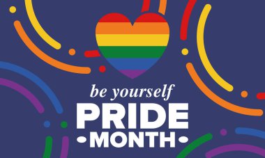 Haziran ayında LGBT Gurur Ayı. Lezbiyen Gey Biseksüel Transseksüel. Yıllık kutlama. LGBT bayrağı. Gökkuşağı aşk konsepti. İnsan hakları ve hoşgörü. Poster, kart, afiş ve geçmiş. Vektör illüstrasyonu