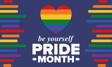 Haziran ayında LGBT Gurur Ayı. Lezbiyen Gey Biseksüel Transseksüel. Yıllık kutlama. LGBT bayrağı. Gökkuşağı aşk konsepti. İnsan hakları ve hoşgörü. Poster, kart, afiş ve geçmiş. Vektör illüstrasyonu